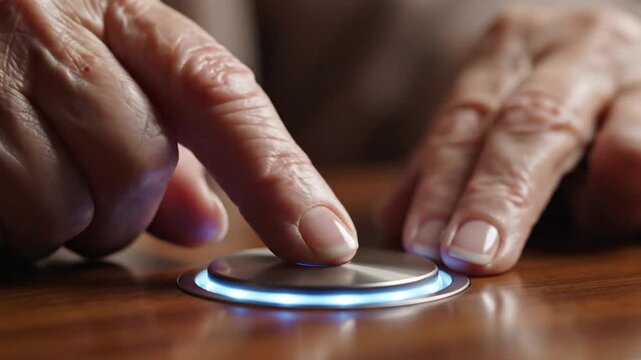 Senior hands pressing a glowing silver alert button on a wooden table for medical assistance