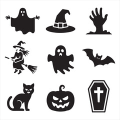 Halloween icons ghost witch bat pumpkin coffin cat Keywords: halloween, ghost, witch, hat, broom