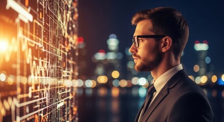 Man in suit gazes at futuristic digital display cityscape at night