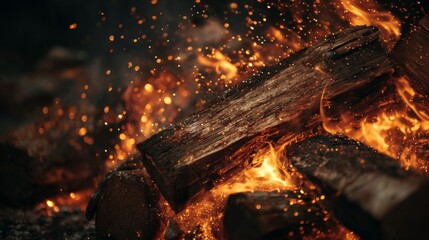 Warmth of a Crackling Campfire with Glowing Embers and Sparks Illuminating the Dark Night, Capturing the Essence of Outdoor Adventures and Cozy Gatherings