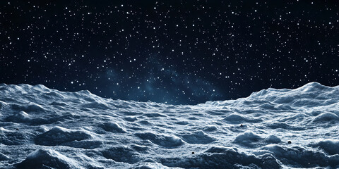 Moonlit lunar surface with starry night sky and cratered terrain in space