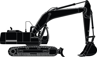 Construction excavator silhouette with hydraulic arm and bucket representing heavy industrial machinery engineering earthmoving equipment isolated on white © Ashik Creatives