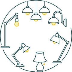 Lamp icons set, lighting fixtures, desk lamp, table lamp, ceiling light, wall lamp, glowing bulb, interior lighting, home d