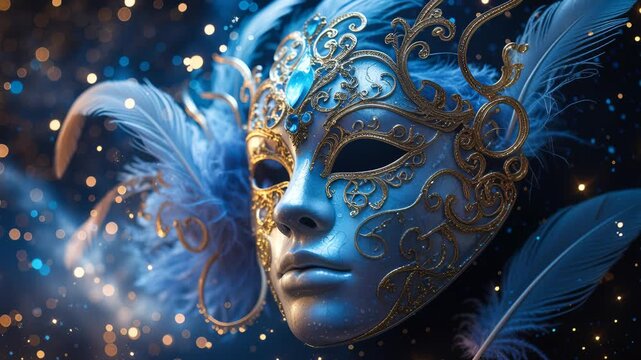 Woman wears an ornate Venetian mask with intricate gold filigree, blue makeup and voluminous feathers set against a dark bokeh background with glittering light orbs that evoke a carnival atmosphere