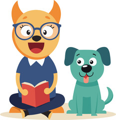 A happy cartoon character reads a book while sitting with a friendly dog