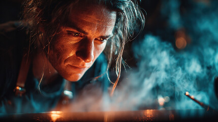 A focused artisan intently works with fire and smoke in a dimly lit workshop, showcasing craftsmanship, dedication, and creative process.
