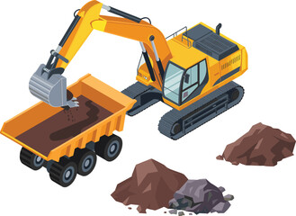 Isometric excavator loading dump truck illustration isolated on white background, heavy construction machinery scene for industrial, engineering, mining, and earthmoving projects