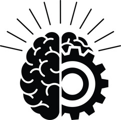 Fototapeta premium Brain gears icon illustrating machine and human mind for mechanical and artificial intelligence with a light burst as motivation