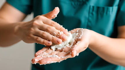 Therapist's hands applying scrub in a spa treatment, showcasing skincare and wellness
