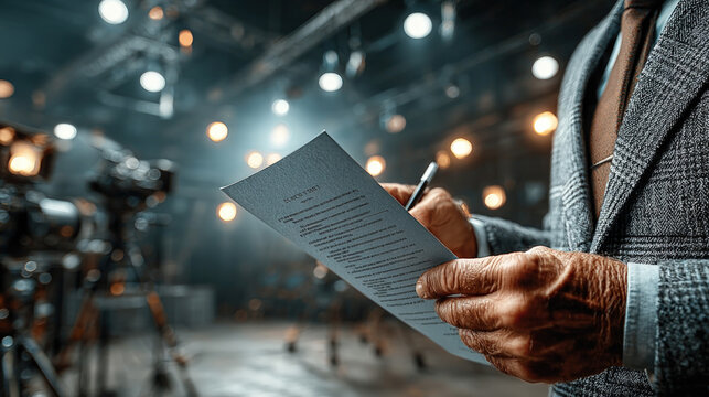 A well-dressed man reviews and signs a contract on a film set, surrounded by studio lights and cameras, symbolizing production, business, and media deals.
