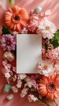 Blank white card mockup flat lay with pastel flowers and crystals on pink background. Spiritual floral frame template with copy space for quotes, wishes, and horoscope text.