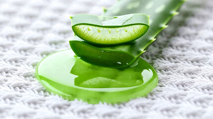 Freshly cut aloe vera leaf with gel on a crisp white towel, showcasing natural skincare benefits