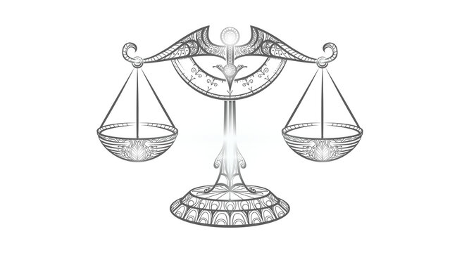 Ornate silver balance scale illustration symbolizing justice law equilibrium and the libra zodiac sign in a mystical design on white background