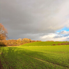 Bright sunny afternoon in late November in the countryside with a rainbow, North Yorkshire, England, United Kingdom