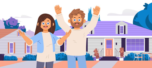 New home for young family. Happy couple become owners of private property. Vector illustration