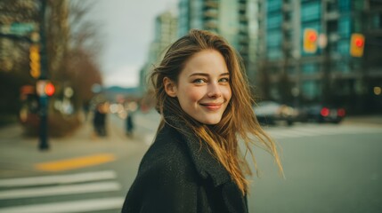 Fototapeta premium Urban Grace: A radiant woman pauses on a bustling city crosswalk, her smiling face, natural beauty, long hair, and confident pose capture the essence of urban sophistication and poise. 