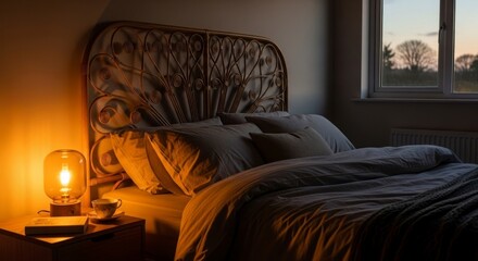 Cozy bedroom interior with warm lighting and comfortable bed at dusk