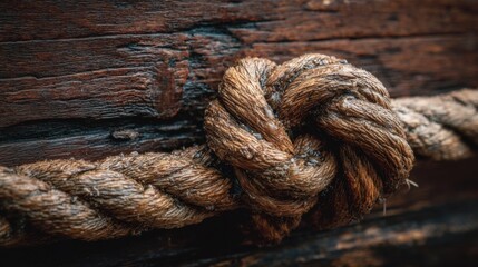 Close up of wet rope knot on weathered wood
