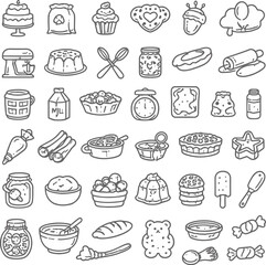 Black and white line art icons representing various sugar products sweets and baking ingredients collection