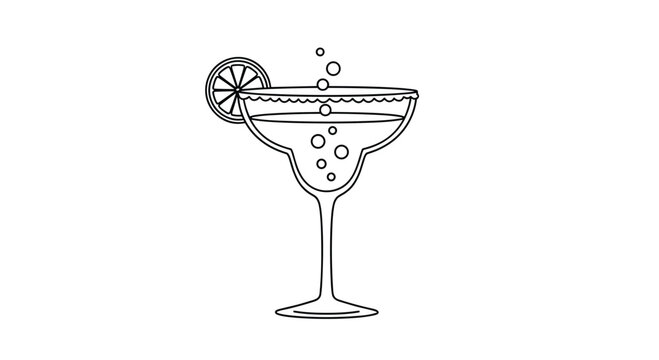 Minimalist black and white line art of a margarita cocktail in a classic glass, garnished with a lime slice and sparkling bubbles.