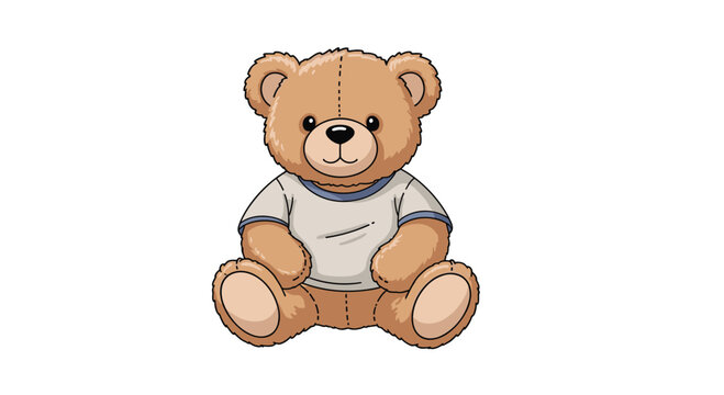 A sweet and classic illustration of a brown teddy bear soft toy wearing a simple t-shirt, sitting on a white background.