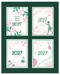 Naklejka premium New Year 2027 Botanical Card Set – Green‑Pink Floral and Abstract Modern Designs with Soft Minimal Layouts for Elegant Holiday Greetings, Fresh Seasonal Wishes, and Celebration Themes