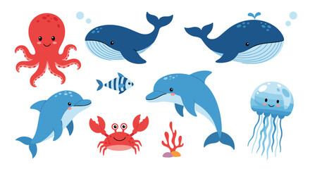 Obraz premium A delightful collection of cute cartoon sea animals including a whale, dolphin, octopus, and crab for children's illustrations.