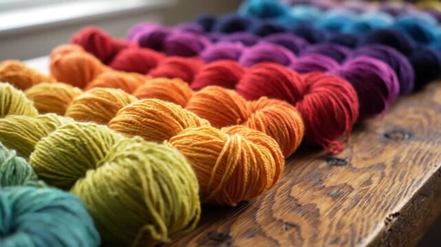 Colorful yarn in a rainbow pattern on wood surface