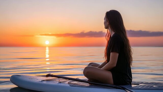 Serene young woman meditating on paddleboard during vibrant sunset - 4k video