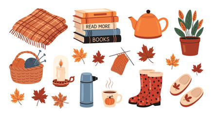 Cozy autumn hygge set with a plaid blanket a stack of books a warm drink knitting supplies and other seasonal fall elements.