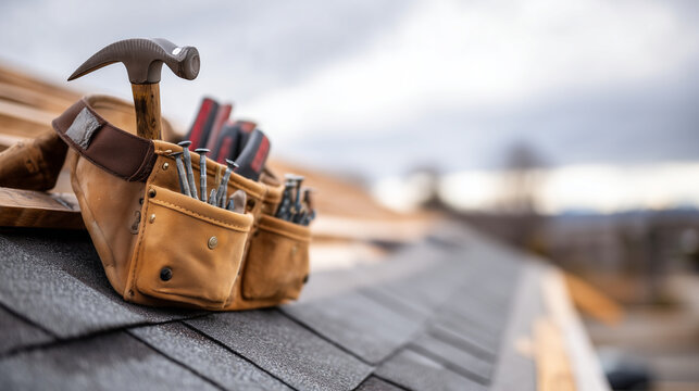 Close-up of roofers tool belt resting on newly installed shingles, hammer and nails in sharp focus, background softly blurred, symbolic still-life representing craftsmanship and t