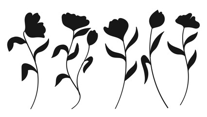 Silhouette of various flowers with stems and leaves in a row illustration