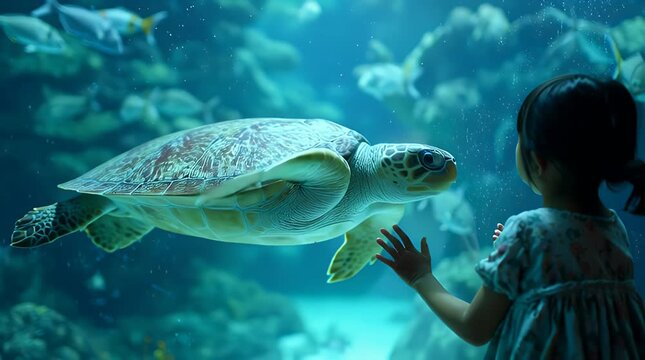 Child observing sea turtle in aquarium with blue water background
