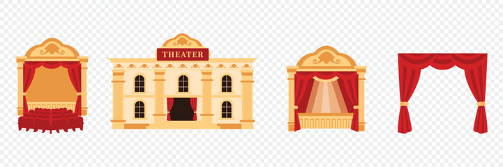 Theatre building and stage icons set, classic performance venue illustrations, isolated on transparent background