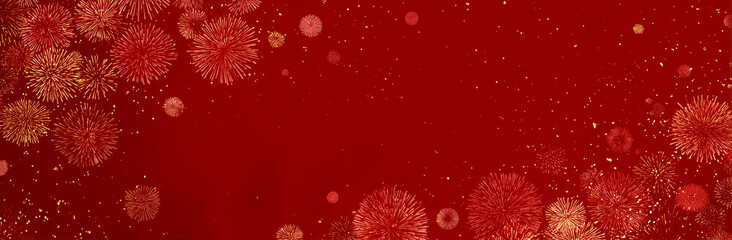 Fireworks Background with Red and Gold Festive Lights. Design for New Year, Chinese New Year or Independence Day