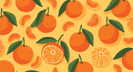 Obraz premium A vibrant seamless pattern of fresh tangerines and citrus slices with green leaves on a warm yellow background for food.