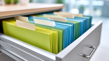 Organized workspace with hanging file folders in office drawer