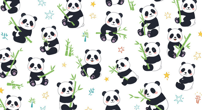 A cute and playful seamless pattern featuring adorable cartoon panda bears eating bamboo shoots on a white background with stars.