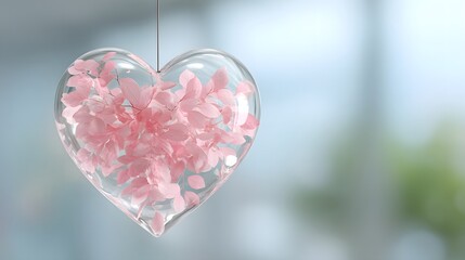 Fototapeta premium Heart-shaped glass ornament filled with delicate pink flowers, hanging gracefully.