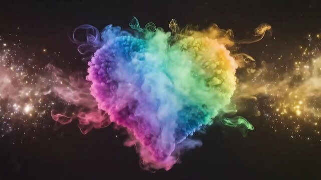 Vibrant rainbow colored heart shape formed by colorful smoke and powder explosion against a dark background symbolizing love and passion