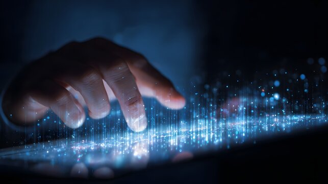 Human hand interacting with digital data stream, futuristic technology concept, glowing interface. - Powered by Adobe
