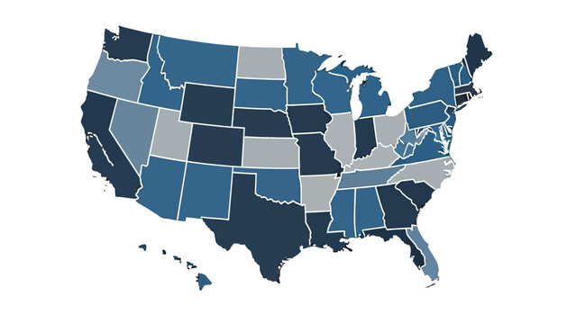 Detailed map of the United States with individual states colored in shades of blue, isolated white background.