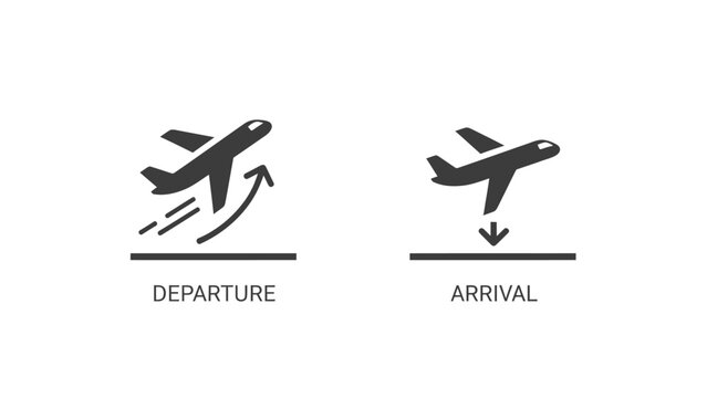 Departure and arrival airplane icons indicating takeoff and landing actions, isolated white background.