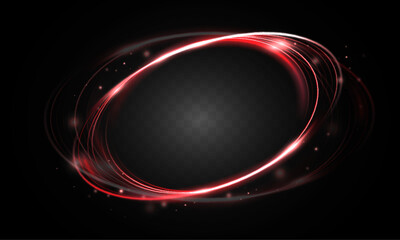 Red glowing light trail forming abstract curved vortex shape with smooth motion lines and sparkling particles on dark background.
