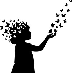 Whimsical Child Holding Butterfly Balloons &ndash; Black and White Illustration