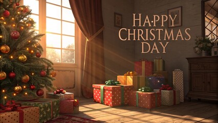 Cozy Christmas morning scene with warm sunlight indoors.