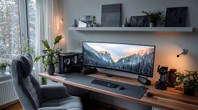 Modern home office desk setup with computer and accessories