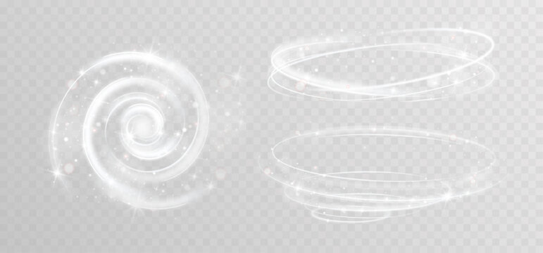 White glowing spiral vortex with soft light trails, sparkling stars and floating particles creating elegant magical motion effect on transparent background.