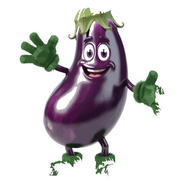 A cheerful eggplant cartoon with a big smile, waving hands, and leafy details, happy vegetable, animated character, cute produce, funny food, garden friend, joyful mascot, organic joy