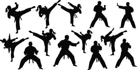 Set of black martial arts silhouettes, karate and taekwondo fighters in different kicking and punching poses, combat sport vector illustration design elements